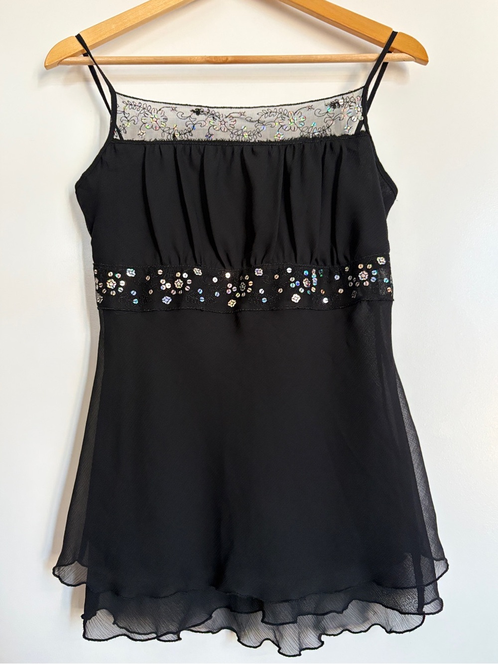 M Collection Vintage Y2K Black Sequin Beaded Mesh Camisole Top Ruffle Hem Medium